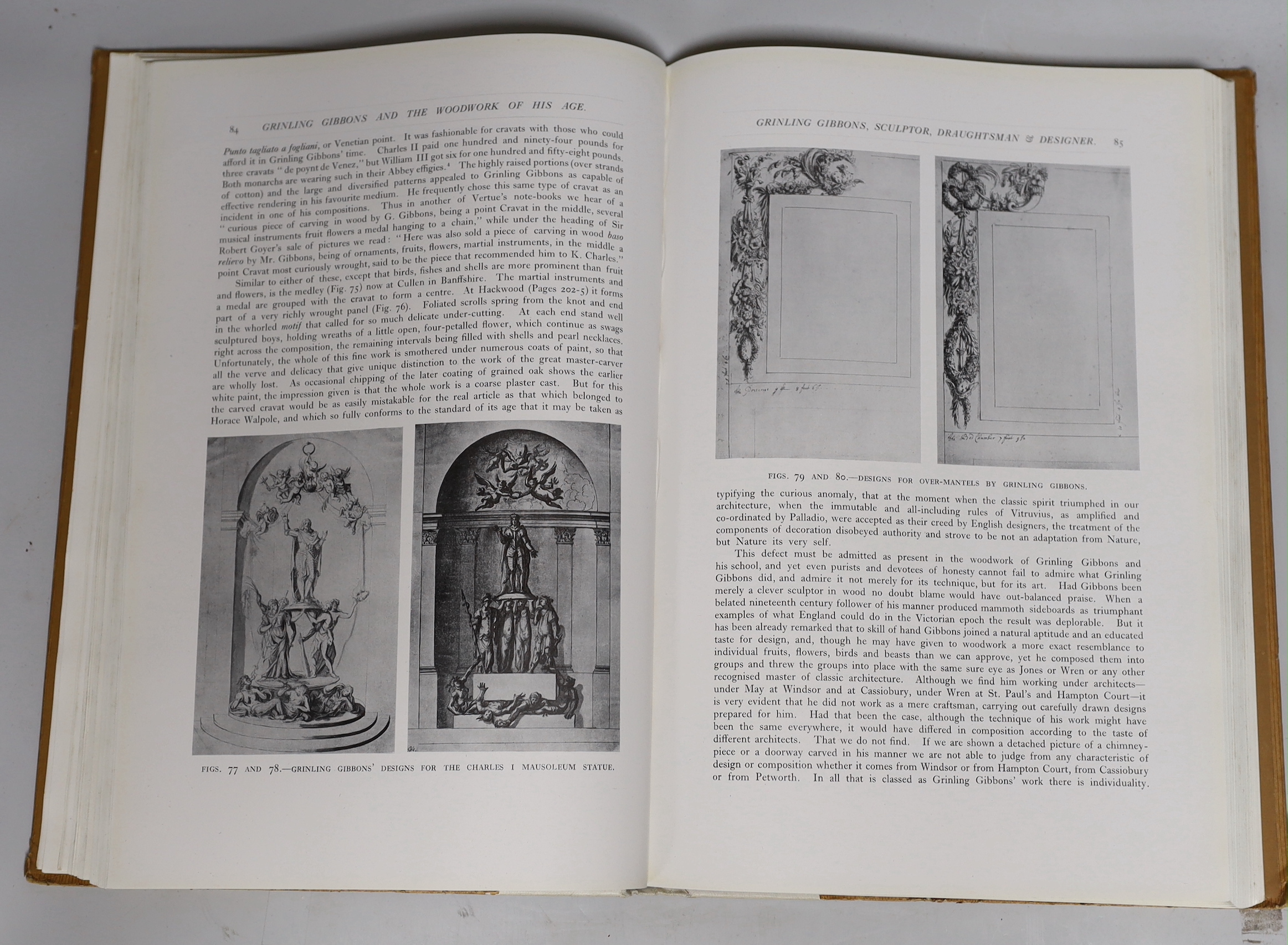 Jekyll, G and Hussey, C - Garden Ornament, second edition, original cloth, 1927 and Tipping, H.A – Grinling Gibbons, original cloth-backed boards, 1914, (2)